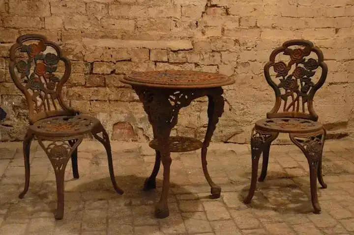 Wood and wrought-iron industrial furniture
